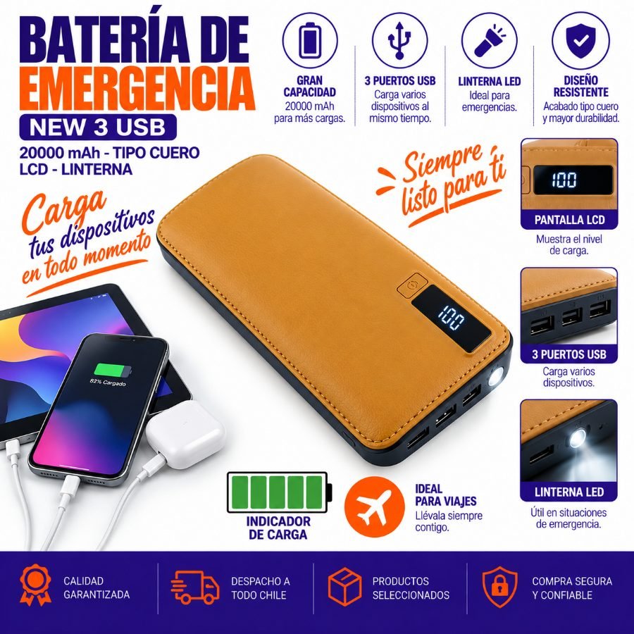Bateria de emergencia new 3 usb 20.000 mah, tipo cuero, lcd, linterna mayorista — imagen 15