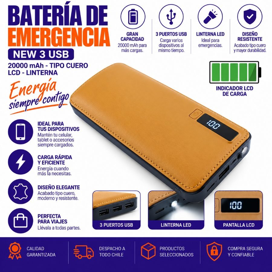 Bateria De Emergencia New 3 USB 20.000 Mah, Tipo Cuero, LCD, Linterna 14,5cm x 6cm x 2,5cm por mayor en Chile