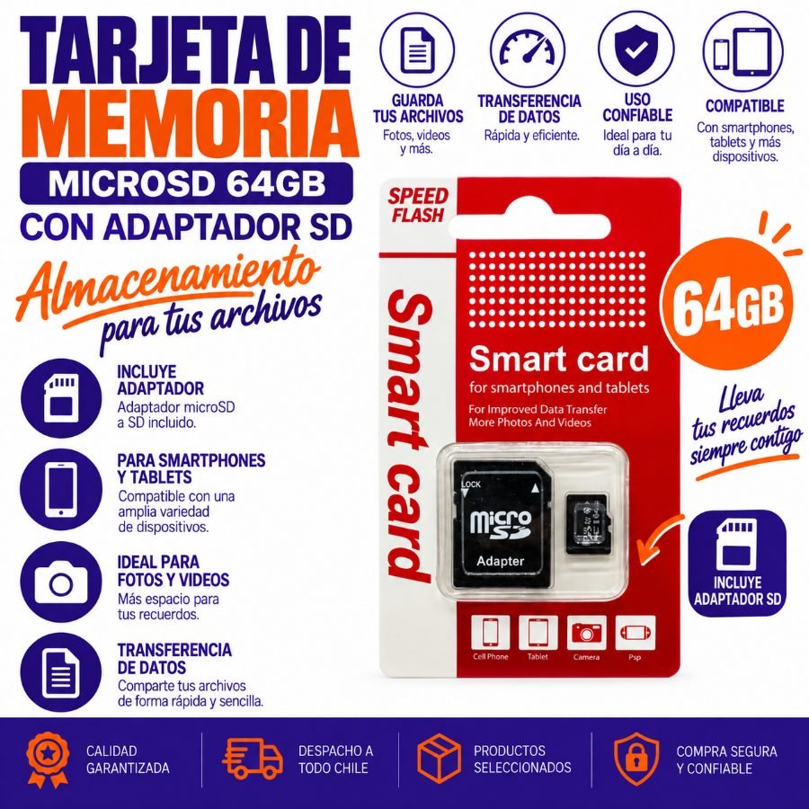 Tarjeta de Memoria microSD 64GB con Adaptador microSD · 64GB · 1 Pza por mayor en Chile