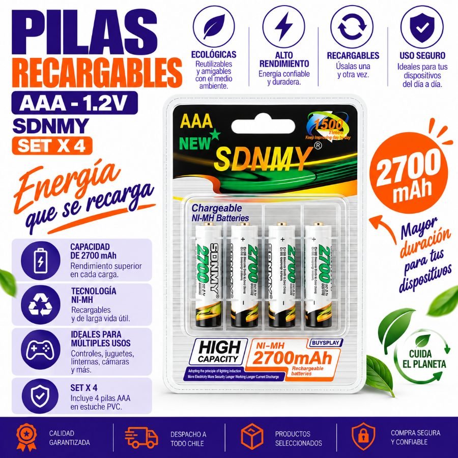 Pila marca sdnmy aaa set x 4. de 1.2 volt recargable a 2700 mah con estuche pvc en blister. mayorista — imagen 3