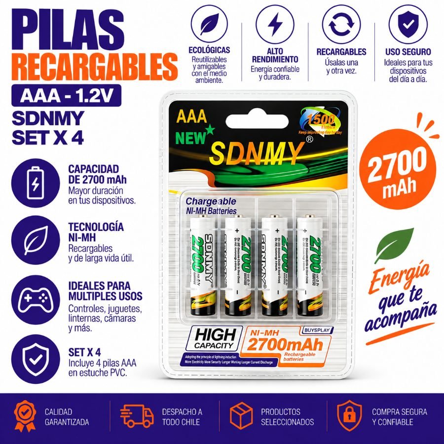 Pila Marca SDNMY AAA Set X 4. De 1.2 Volt Recargable A 2700 Mah Con Estuche PVC En Blister. 4.5 cm x 1 cm por mayor en Chile