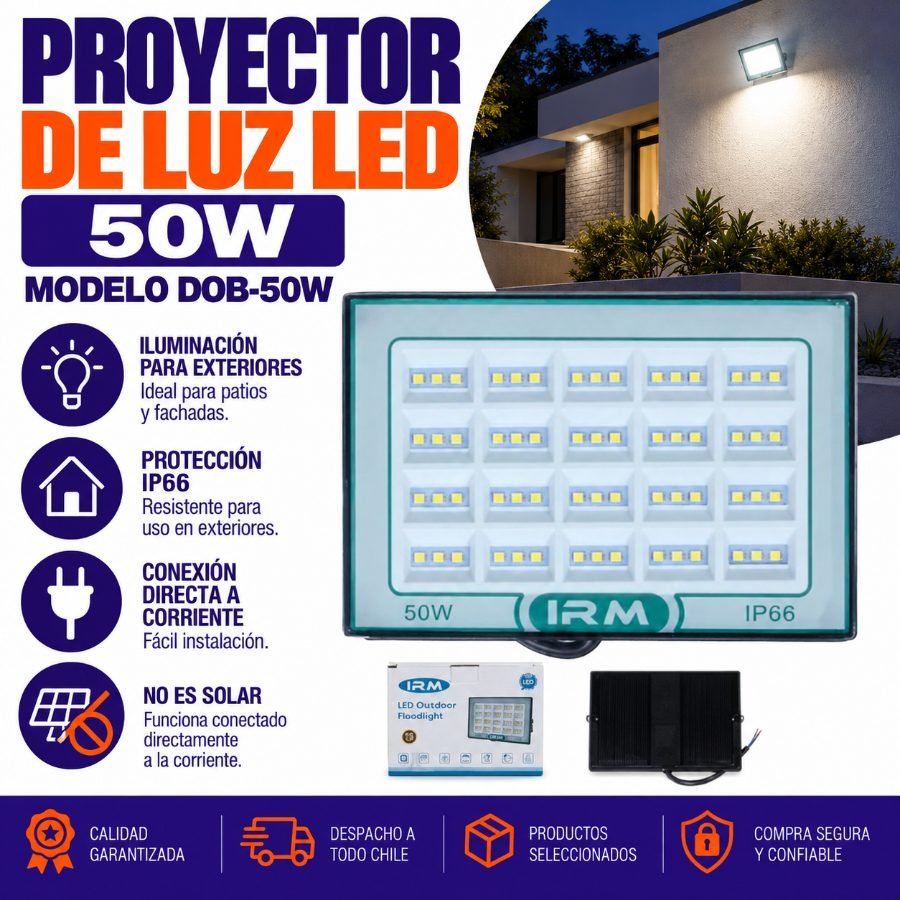Proyector de Luz LED de  50W (Modelo DOB-50W) con Grado de Protección IP66 16cm x 12cm por mayor en Chile