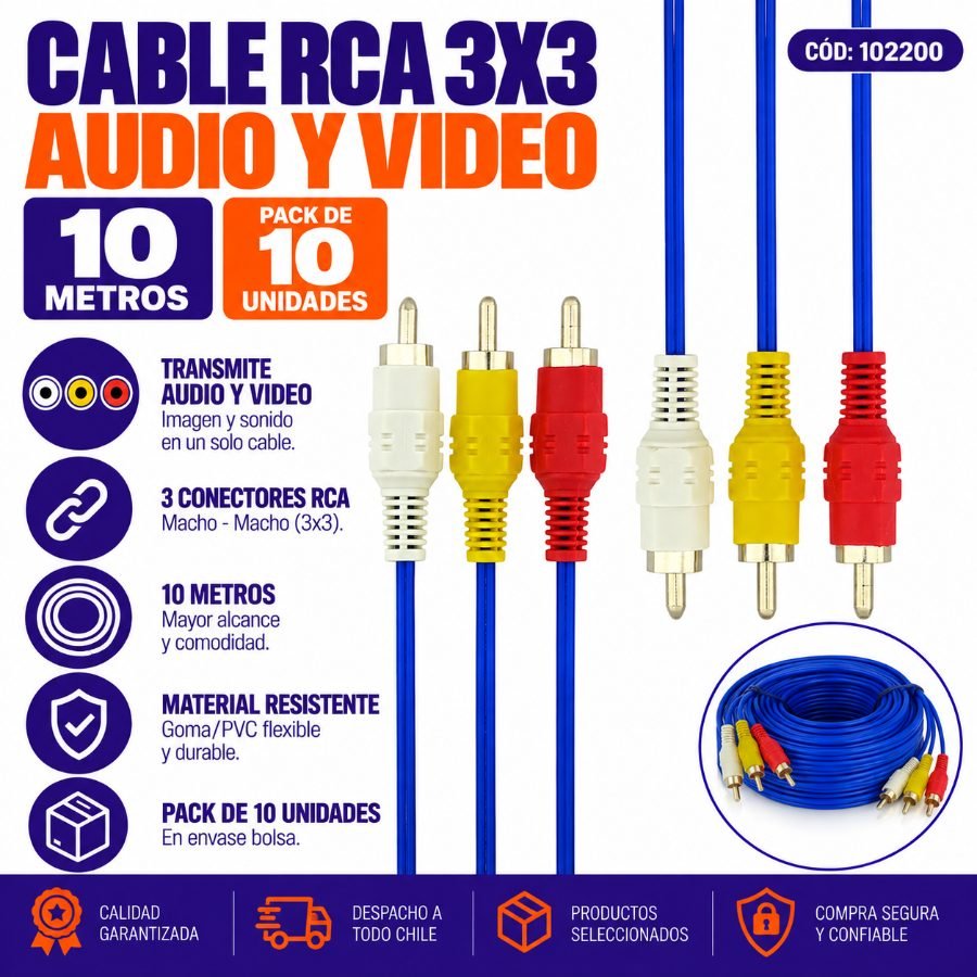 Cable rca 3x3 10 metros - pack de 10 unidades mayorista — imagen 7