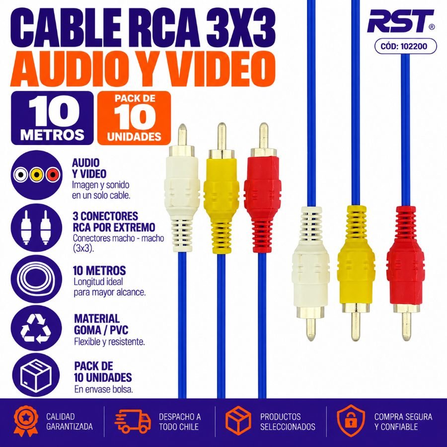 Cable RCA 3X3 10 Metros - Pack de 10 unidades 10 metros por mayor en Chile