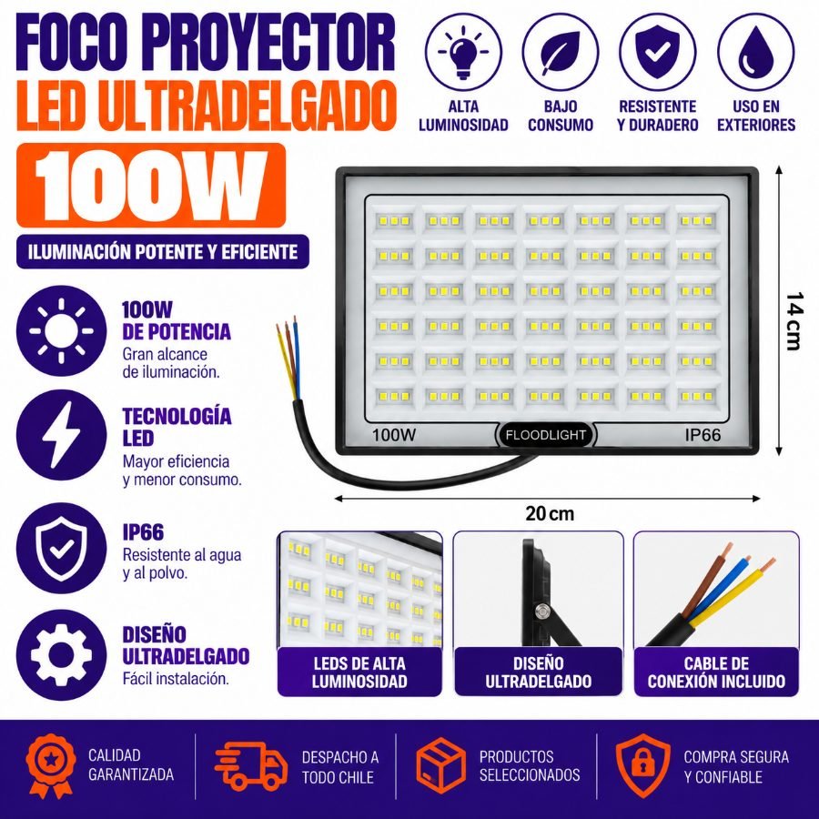 Foco Proyector LED Ultradelgado 100W 14cm x 20cm por mayor en Chile