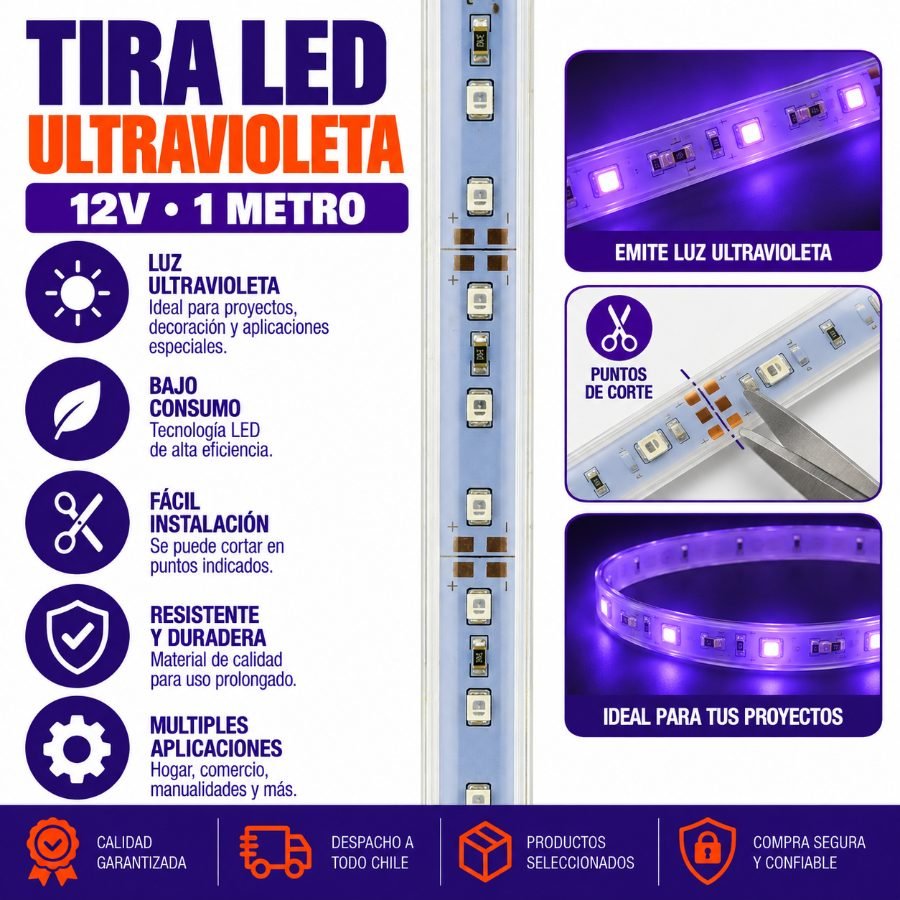 Tira LED Ultravioleta 12V, 1M 1Metro por mayor en Chile
