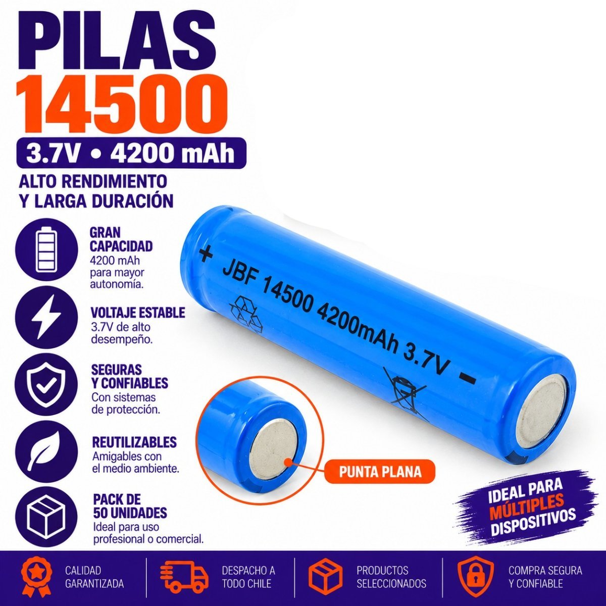 Pila Con Punta 14500 De 3.7 Volt A 4200 Mah - Pack de 50 unidades 5 cm x 1.4 cm por mayor en Chile