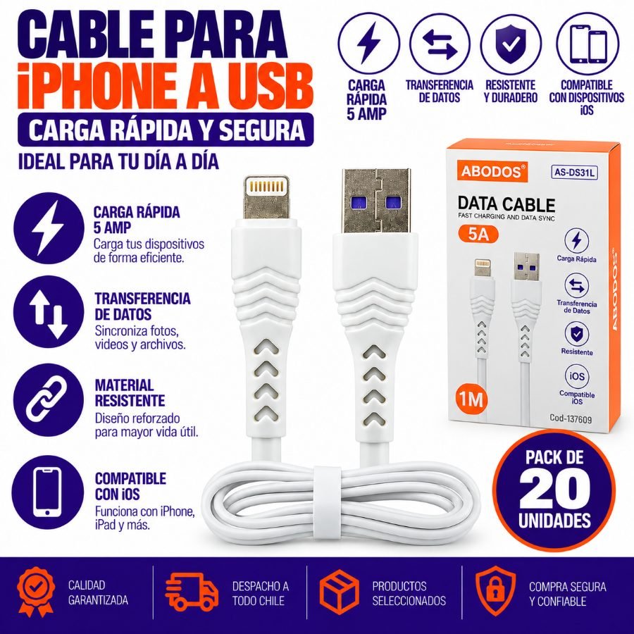 Cable para iphone a usb de 1 metro marca abodos, 5 amp modelo as-ds31l. - pack de 20 unidades mayorista — imagen 9