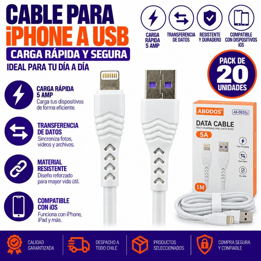 Cable Para Iphone A USB De 1 Metro Marca ABODOS, 5 Amp Modelo AS-Ds31l. - Pack de 20 unidades 1 metro por mayor en Chile