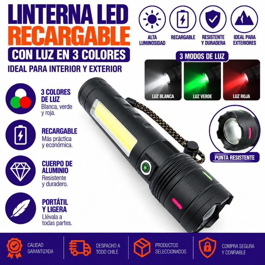 Linterna led recargable con luz en 3 colores, de aluminio mayorista — imagen 12