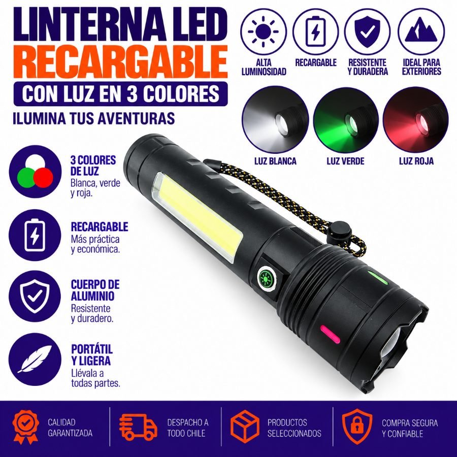 Linterna LED Recargable Con LUZ En 3 Colores, De Aluminio 21.7 cm c 5.2 cm por mayor en Chile