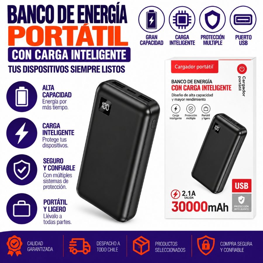 BANCO DE ENERGIA PORTATIL 30000 MAH por mayor en Chile