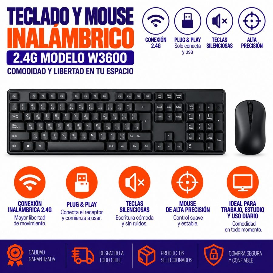 Teclado y Mouse Inalámbrico 2.4G W3600 2.4GHz · 1 Pza por mayor en Chile