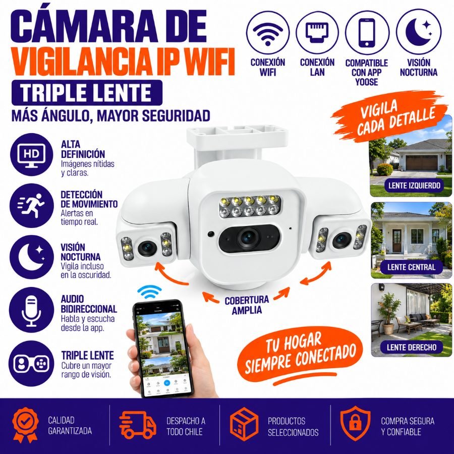 Camara de vigilancia ip wifi de triple lente, 22 led, conexion lan y compatible con app yoose mayorista — imagen 3