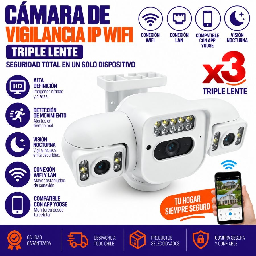 Camara De Vigilancia IP Wifi De Triple Lente, 22 LED, Conexion LAN Y Compatible Con App YOOSE 21 cm x 10.4 cm x 11.6 cm por mayor en Chile
