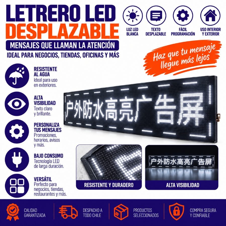 LETRERO LED DESPLAZABLE BLANCO 100 X 20 CM por mayor en Chile