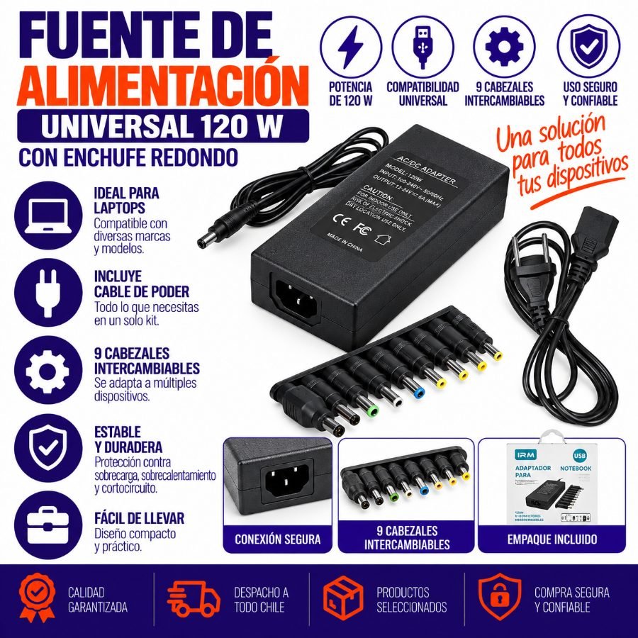 Fuente de alimentación de 120 W con enchufe redondo 1PZA por mayor en Chile