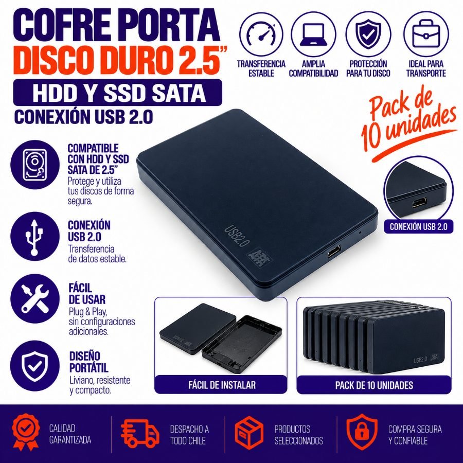 Cofre Porta Disco Duro 2.5 HDD Y SSD SATA Con Conexion 2.0 - Pack de 10 unidades 12 cm x 7.5 cm x 1.2 cm por mayor en Chile
