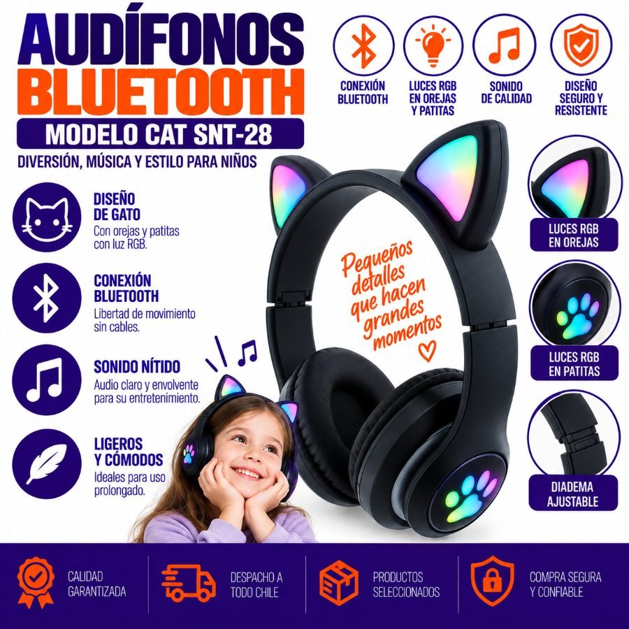 Audifonos para niños bluetooth modelo cat-snt-28 con luz rgb en orejas y patitas. mayorista — imagen 3
