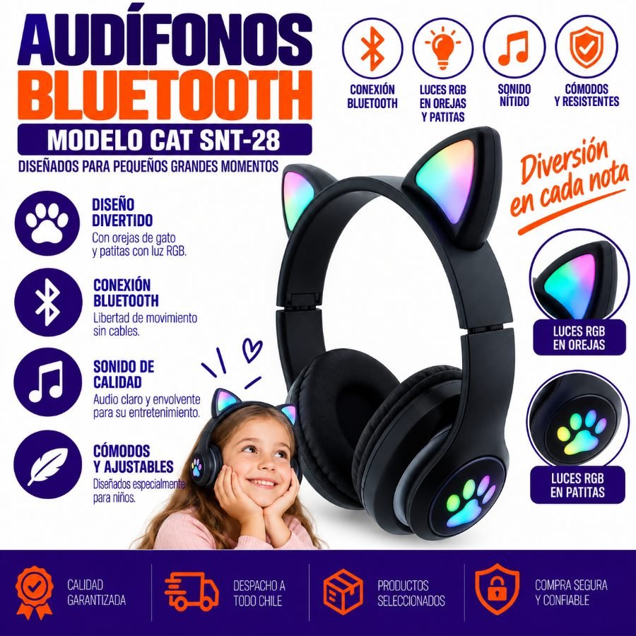Audifonos Para Niños Bluetooth Modelo CAT-SNT-28 Con Luz RGB En Orejas Y Patitas. 16.2 cm x 20 cm x 7.5 cm por mayor en Chile