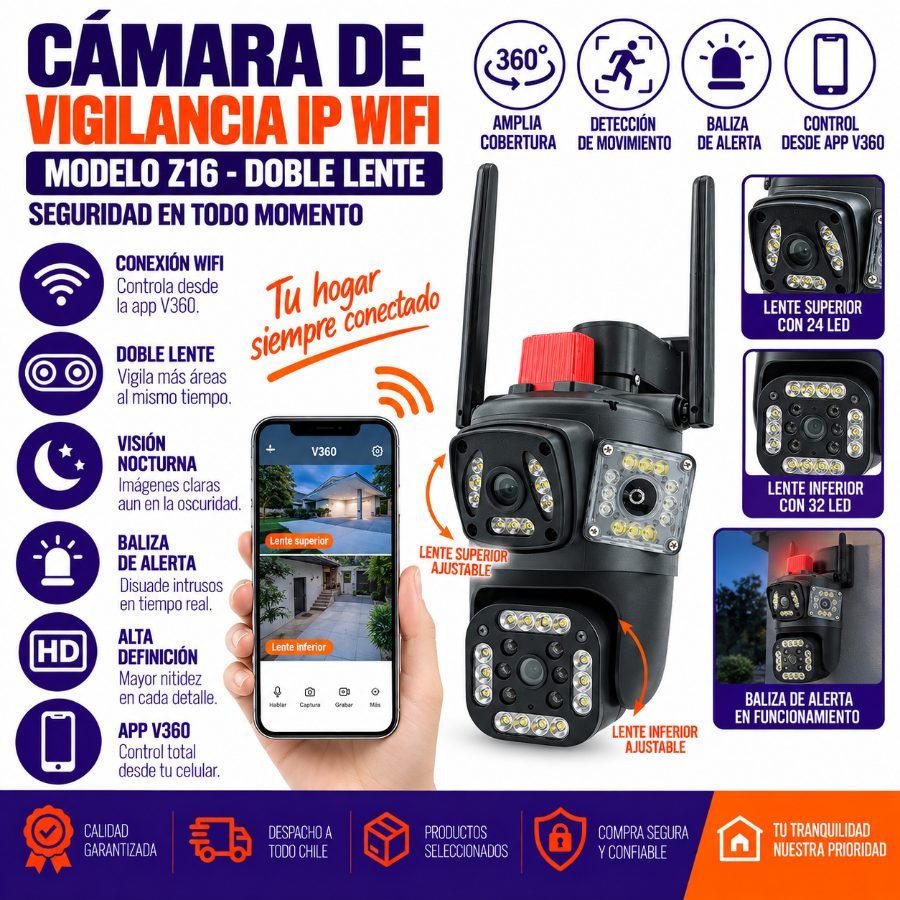 Camara de vigilancia ip wifi doble lente modelo z16 con 56 led y baliza. compatible con app v360. mayorista — imagen 3