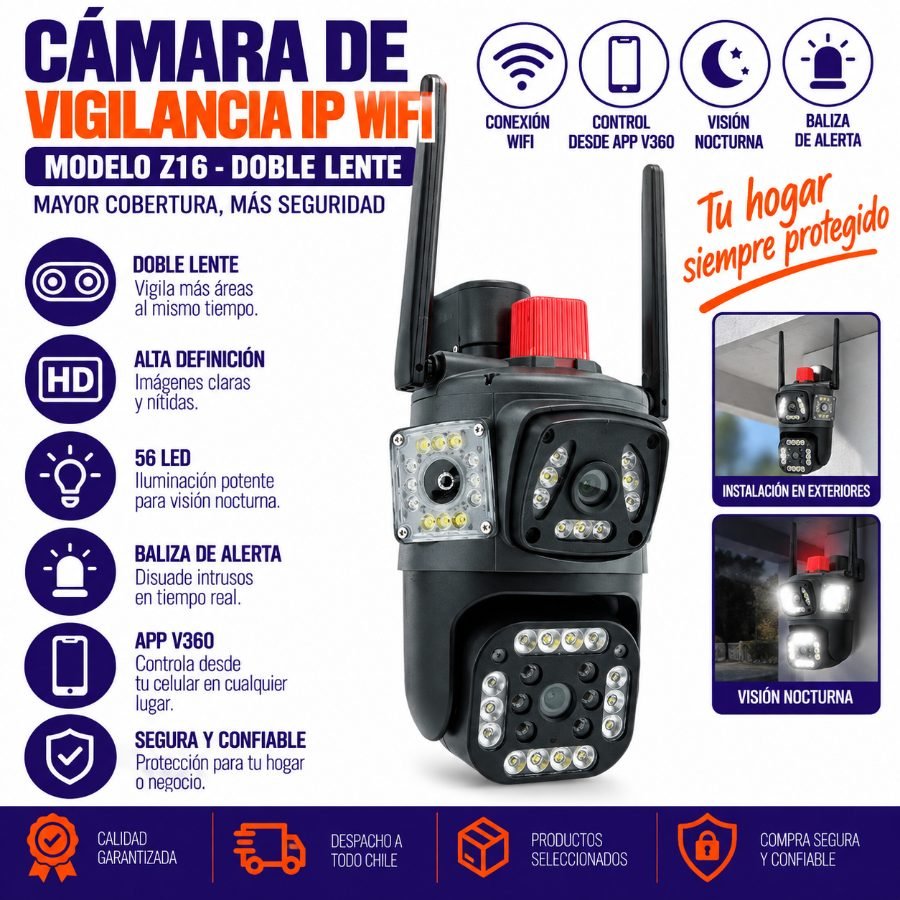 Camara De Vigilancia IP Wifi Doble Lente Modelo Z16 Con 56 LED Y Baliza. Compatible Con App V360. 22 cm x 17 cm x 15 cm por mayor en Chile