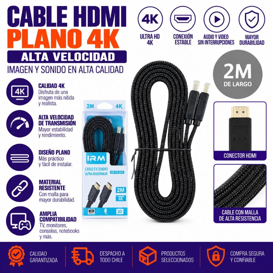 Cable HD (HDMI) plana de alta velocidad 4K 2M por mayor en Chile