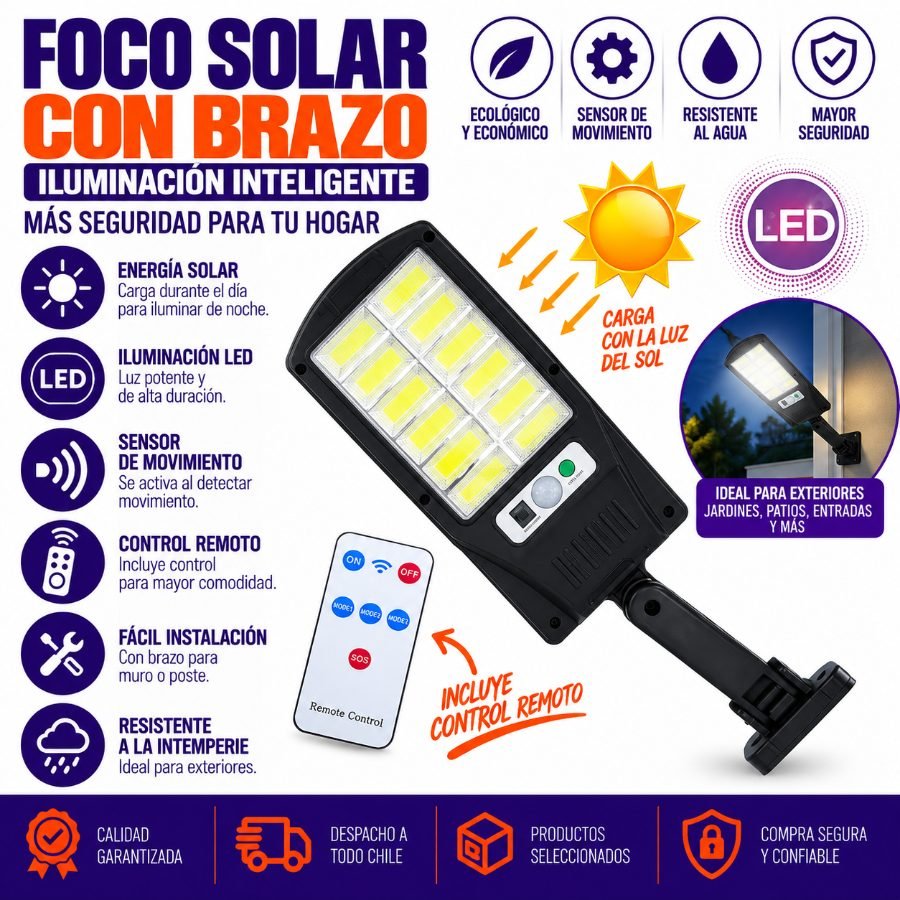 Foco Con Brazo Solar Modelo BK-120-B De 12 LED COB En 12 Placas, PVC. 36 cm x 11 cm x 3.5 cm por mayor en Chile