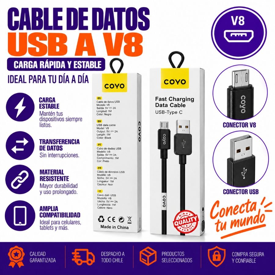 CABLE DE DATOS USB-V8 1 METRO por mayor en Chile