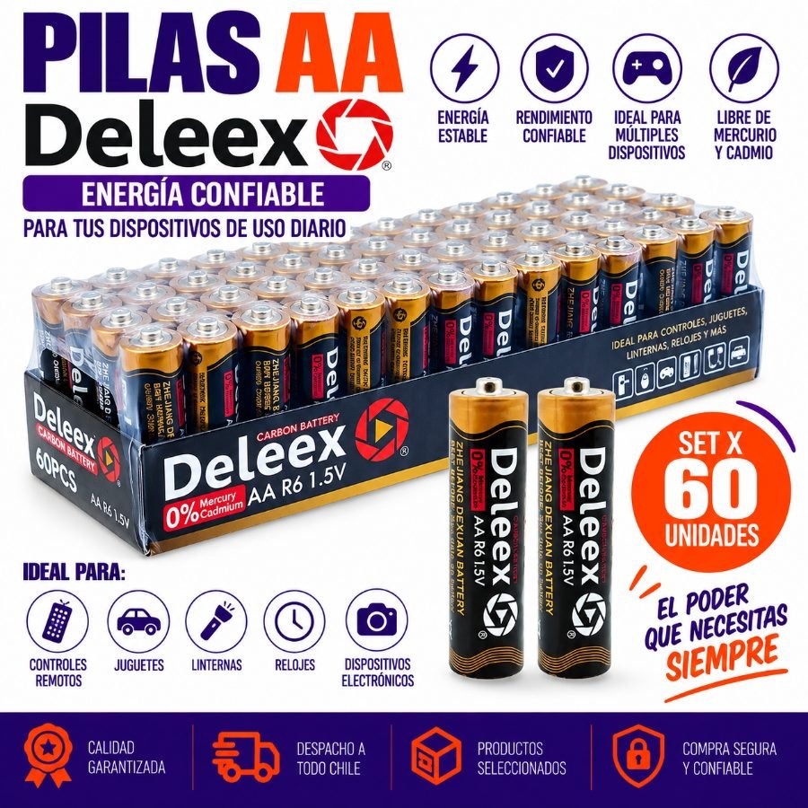 Pila Marca DELEEX Tipo AA Dorada, Set X 60 De 1.5 Volt, Carbon. 60 pza por mayor en Chile