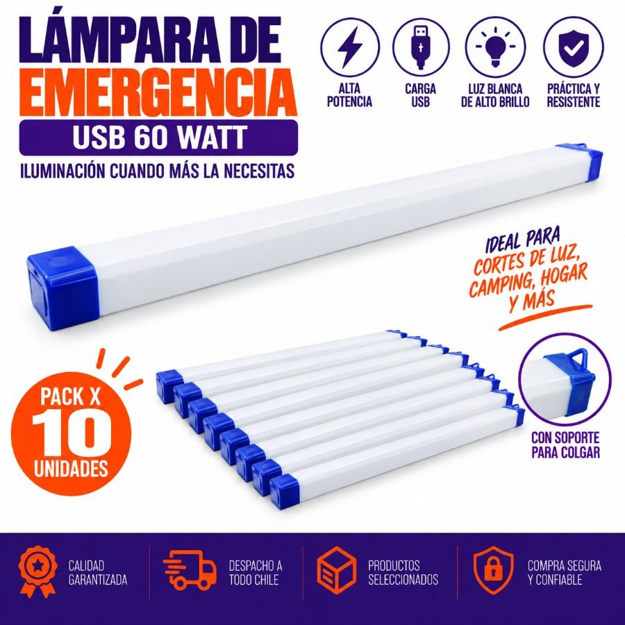 Lampara De Emergencia USB, 60 Watt, Marca CBK, Modelo BK-500. - Pack de 10 unidades 52 cm x 3.5 cm x 2.3 cm por mayor en Chile