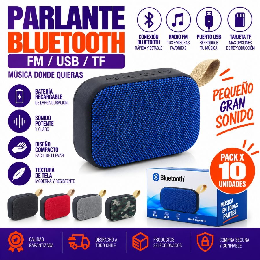 Parlante bluetooth con fm/usb/tf, recargable, textura tela. en caja - pack de 10 unidades mayorista — imagen 9