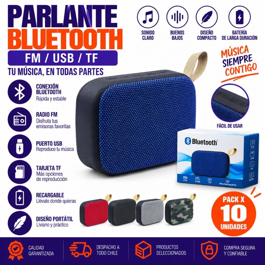 Parlante Bluetooth Con FM/USB/TF, Recargable, Textura Tela. En Caja - Pack de 10 unidades 11,5cm x 7,5cm x 3,8cm por mayor en Chile