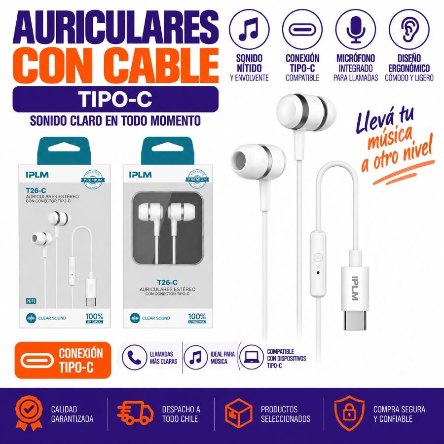 Auriculares con Cable Tipo-C 1PZA por mayor en Chile