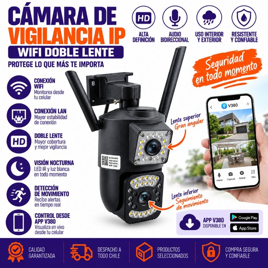 Camara de vigilancia ip wifi doble lente conexion lan de 11 y 26 led compatible con app v380 mayorista — imagen 3