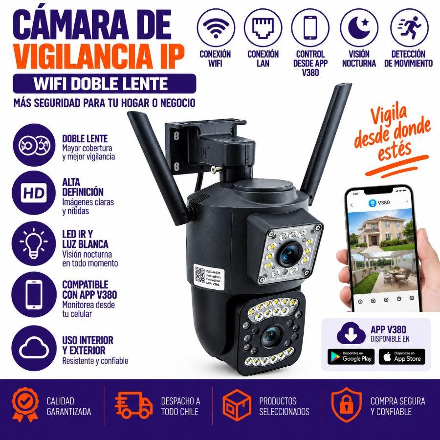 Camara De Vigilancia IP Wifi Doble Lente Conexion LAN De 11 Y 26 LED Compatible Con APP V380 21.5 cm x 13 cm x 10.5 cm por mayor en Chile