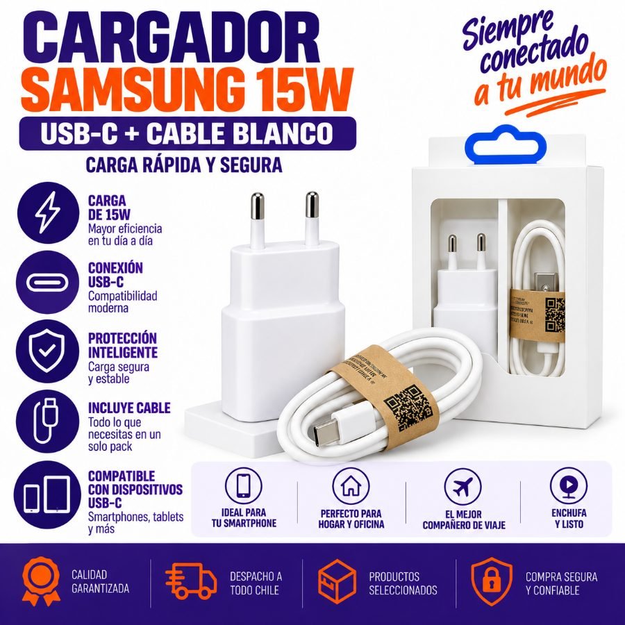 Cargador samsung 15w usb-v8 cable blanco mayorista — imagen 3