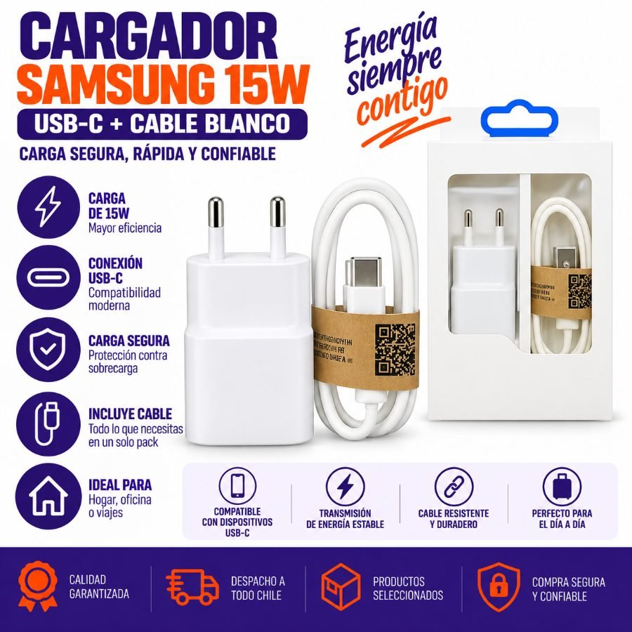 Cargador Samsung 15W USB-C Cable Blanco USB-C · 15W · 1 Pza por mayor en Chile