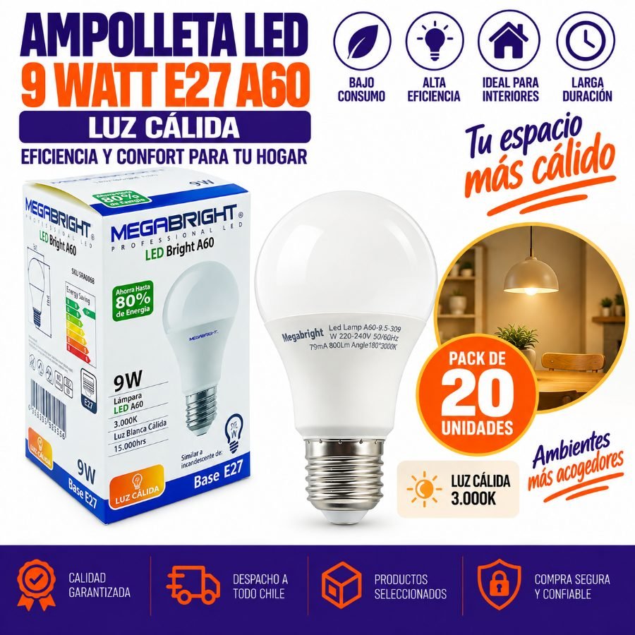 Ampolleta LED 9 Watt E-27, A60 Luz Calida, Megabright - Pack de 20 unidades 10cm x 4cm por mayor en Chile