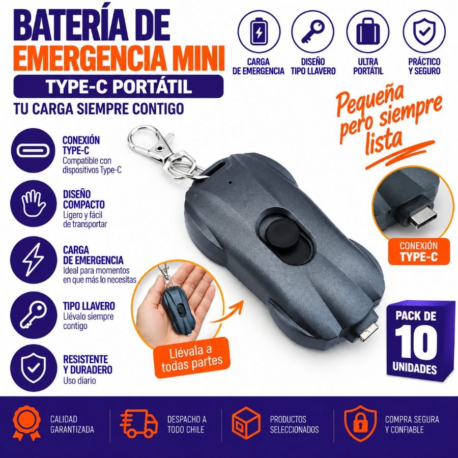 Bateria De Emergencia Mini Type -C Portable Tipo Llavero - Pack de 10 unidades 8.6 cm x 4 cm x 2.2 cm por mayor en Chile