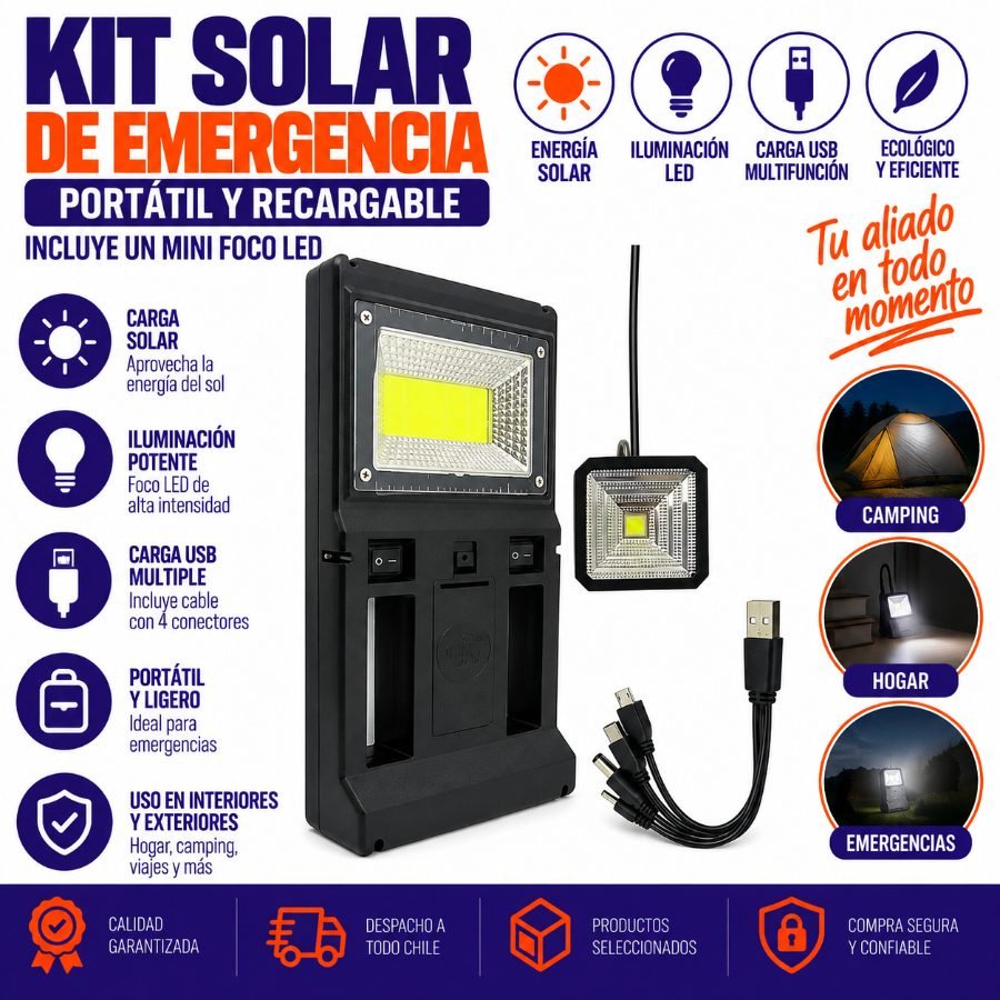Kit Solar Emergencia Portatil, Incluye Un Mini Foco Led Recargable. 25,5cm x 14,5cm x 4,4cm por mayor en Chile