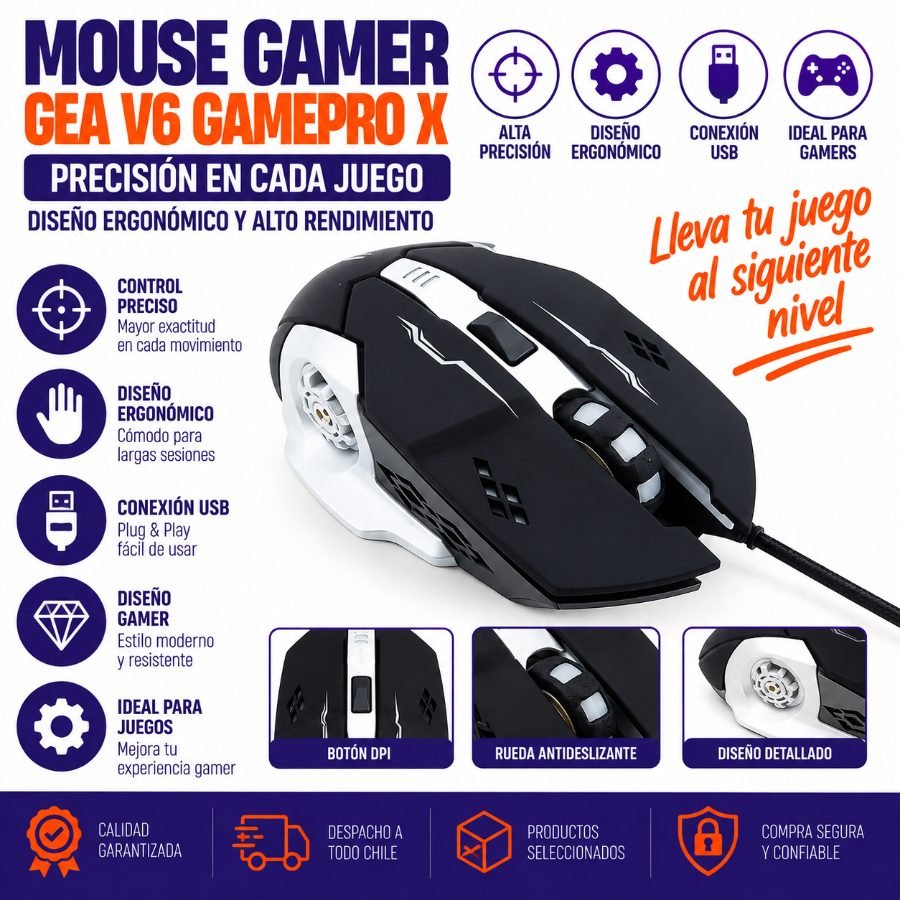 Mouse GAMER USB GEA V6 GAMEPRO-X 6B 13CM X 6.5CM X 3CM por mayor en Chile