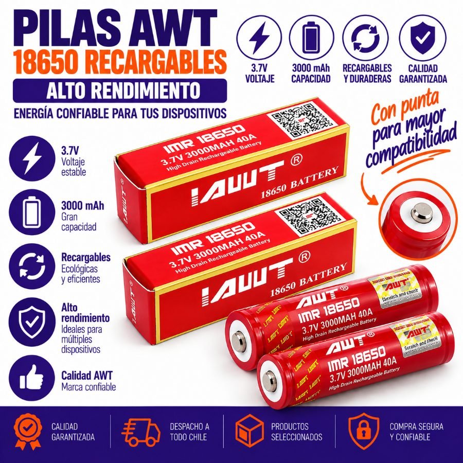Pila awt modelo 18650 recargables 3.7 volt - 3.000 mah con punta mayorista — imagen 7