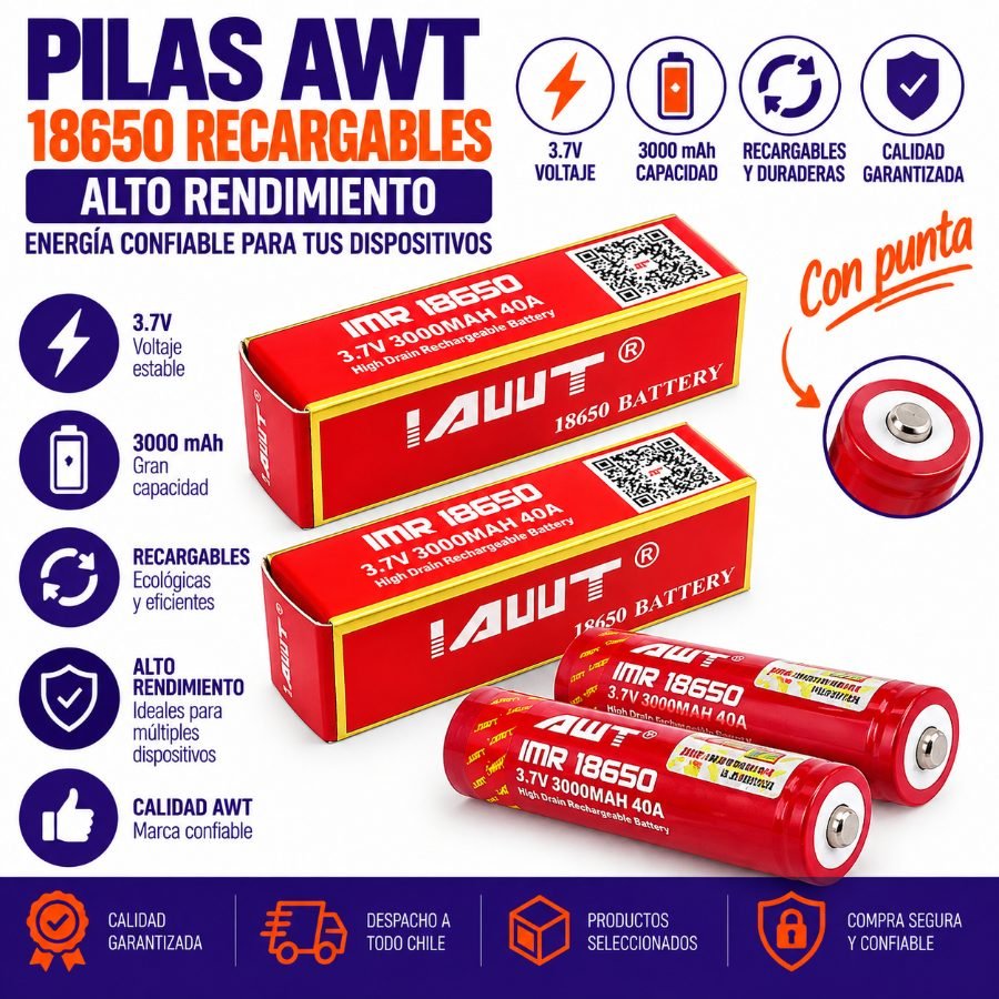Pila AWT Modelo 18650 Recargables 3.7 Volt - 3.000 Mah Con Punta 2 PZA por mayor en Chile