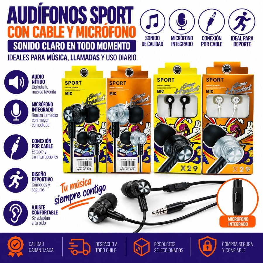 Audífono Sport con Cable y Micrófono 1 Pza por mayor en Chile