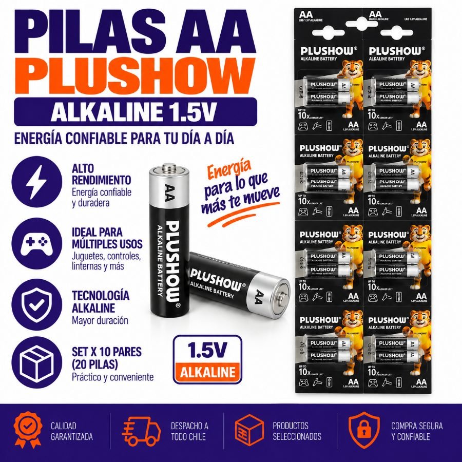 Pila Marca PLUSHOW Tipo AA Set X 10 Pares Alkaline De 1.5 Volt por mayor en Chile