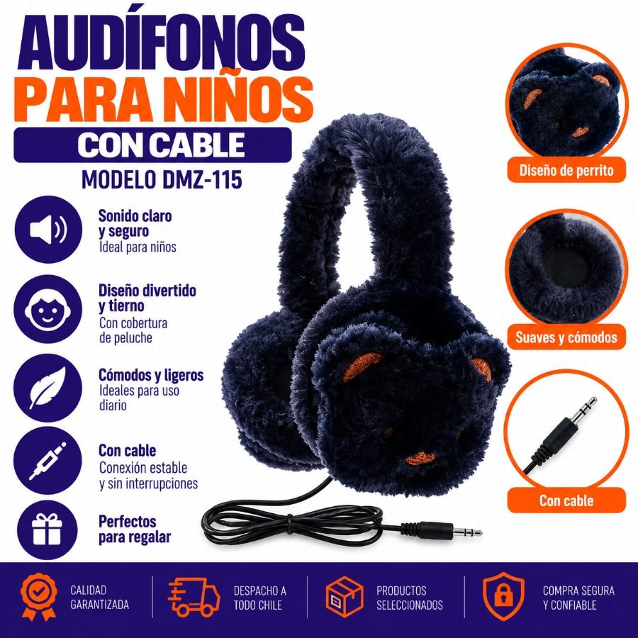 Audifonos Para Niños Con Cable Modelo DMZ-115. Peluche Perrito. 21 cm x 19 cm x 9 cm por mayor en Chile