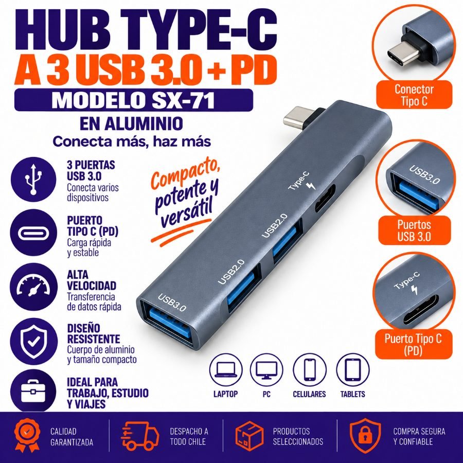 Hub type-c a 3 usb 3.0 mas pd extender modelo sx-71 en aluminio. mayorista — imagen 7