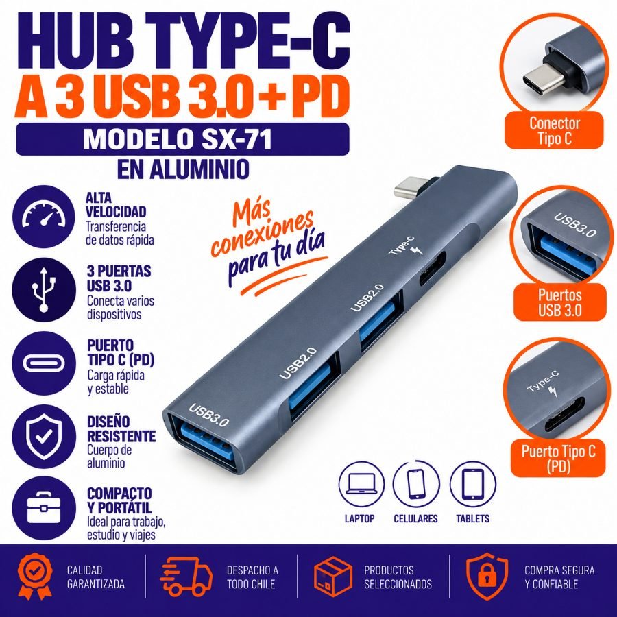 HUB Type-C A 3 USB 3.0 Mas PD Extender Modelo SX-71 En Aluminio. 9.9 cm x 2.6 cm por mayor en Chile