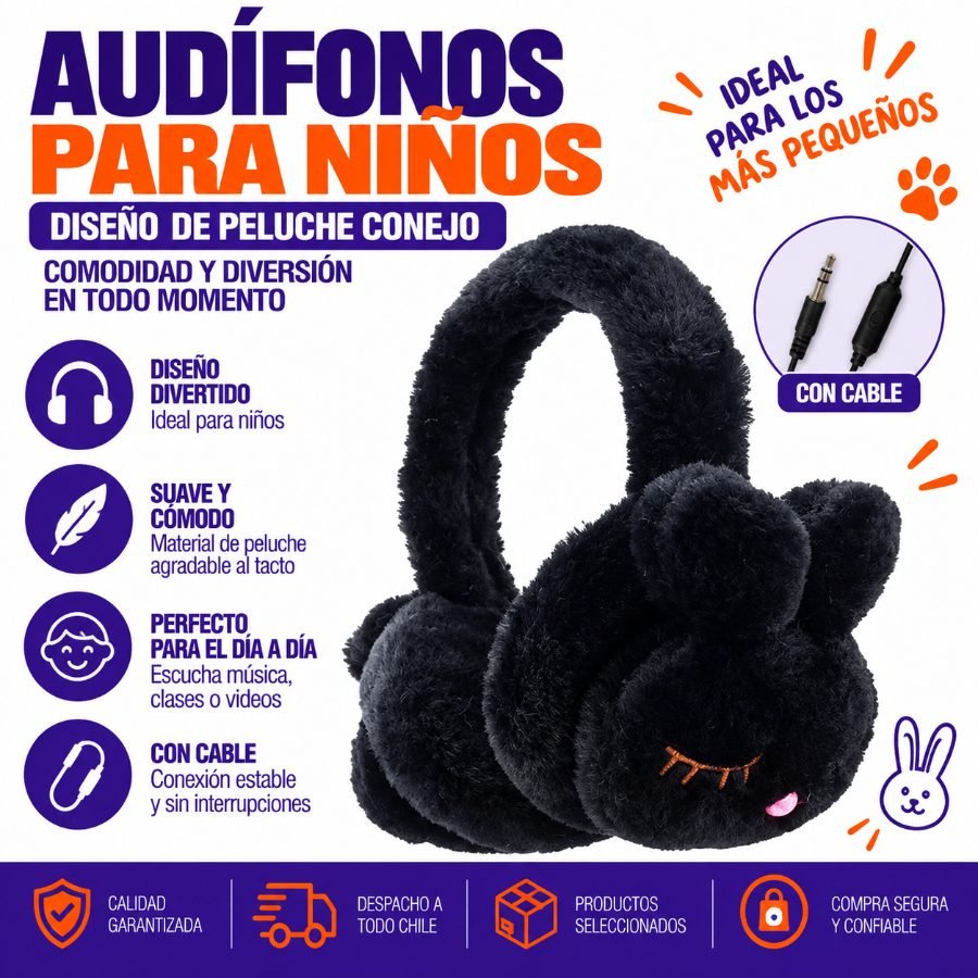 Audifonos Para Niños Con Cable Modelo DMZ-115. Peluche Conejo. 21 cm x 19 cm x 9 cm por mayor en Chile
